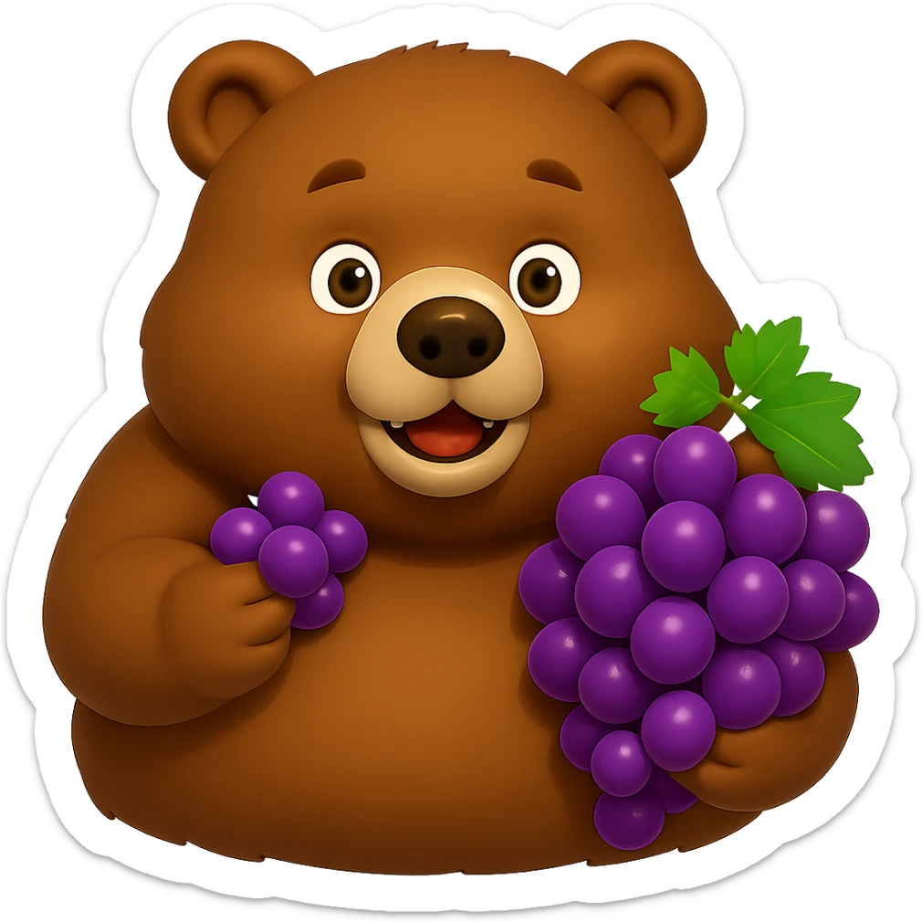 Make the grapes purple and the bear more chunky, keep no background. The style should be consistent with the original image's look. sticker