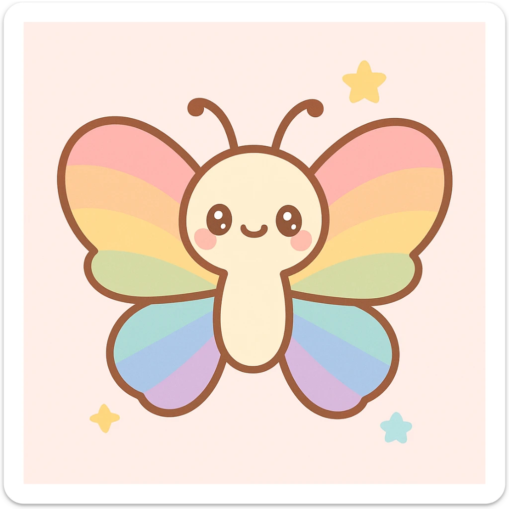 a butterfly in kawaii style, cute face, pastel colors, simple and adorable, rainbow pride theme sticker