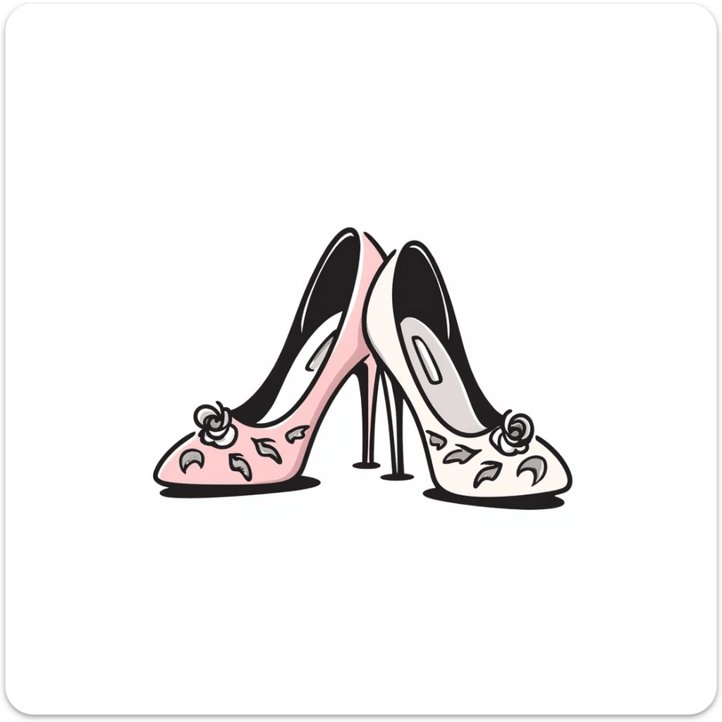 a pair of women's high heel shoes with elegant details, pastel colors dd9fb0, ffc6d3, a3bfc9, c4bee2, f1b091, detailed hand-drawn doodle style sticker