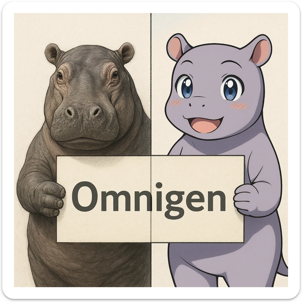 two hippo holding sign of omnigen, half picture 1 hippo is realistic another half is the anime of that same second hippo, with before after mark sticker