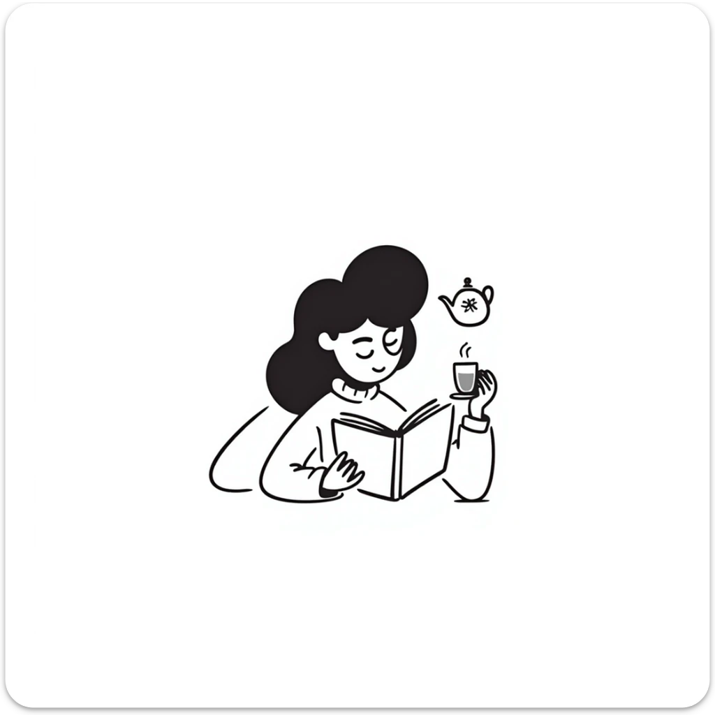 A person comfortably reading a book with a cup of tea nearby sticker
