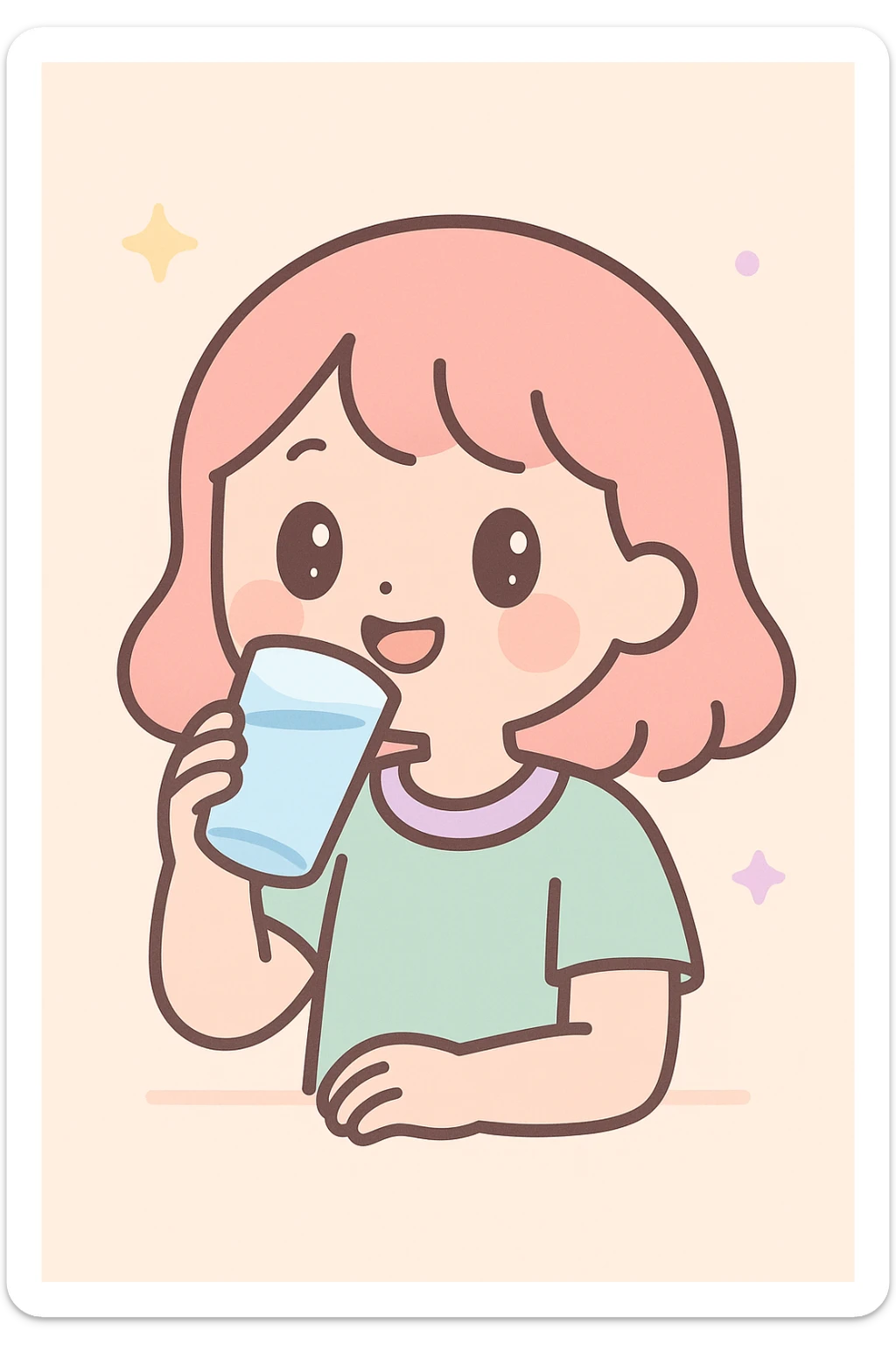 girl drinking water, cute, big eyes, pastel colors sticker