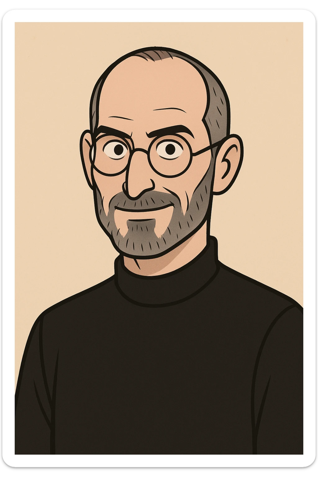 minimalist style portrait of Steve Jobs with iconic black turtleneck and round glasses sticker