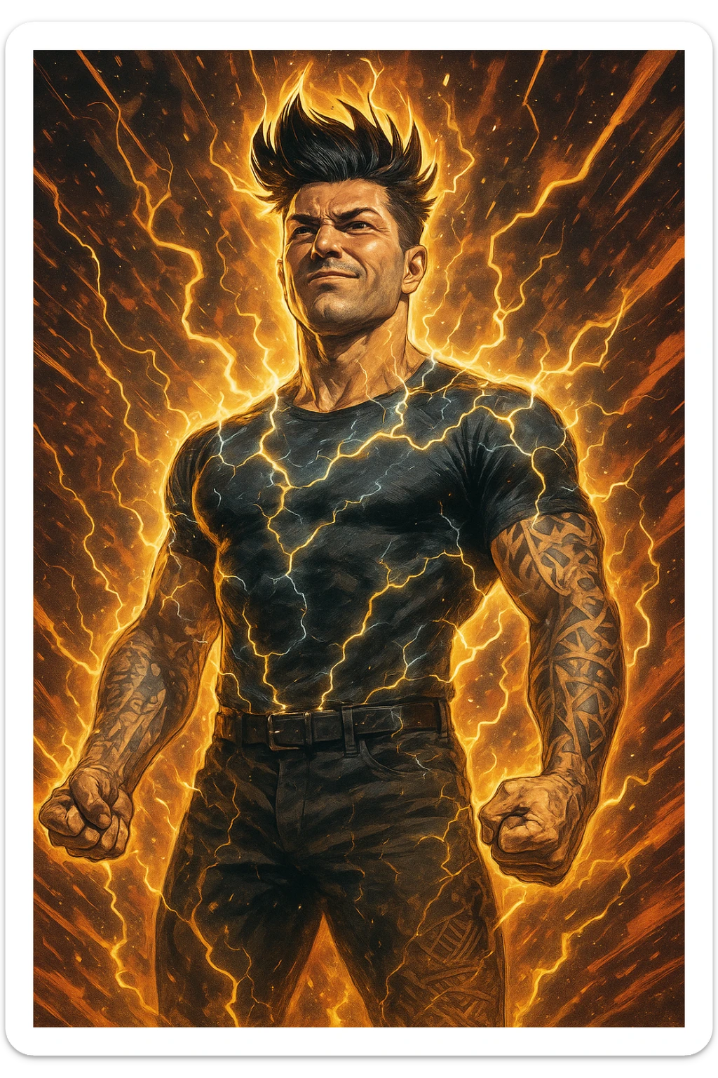 cinematic a man with a chiseled physique and wild, upward hair stands center stage, fists clenched and chest out. A radiant, electric aura envelops him, with energy lines and glowing effects highlighting his strength and masculinity. His face shows determination and pride, and the background features explosive, dynamic patterns. sticker