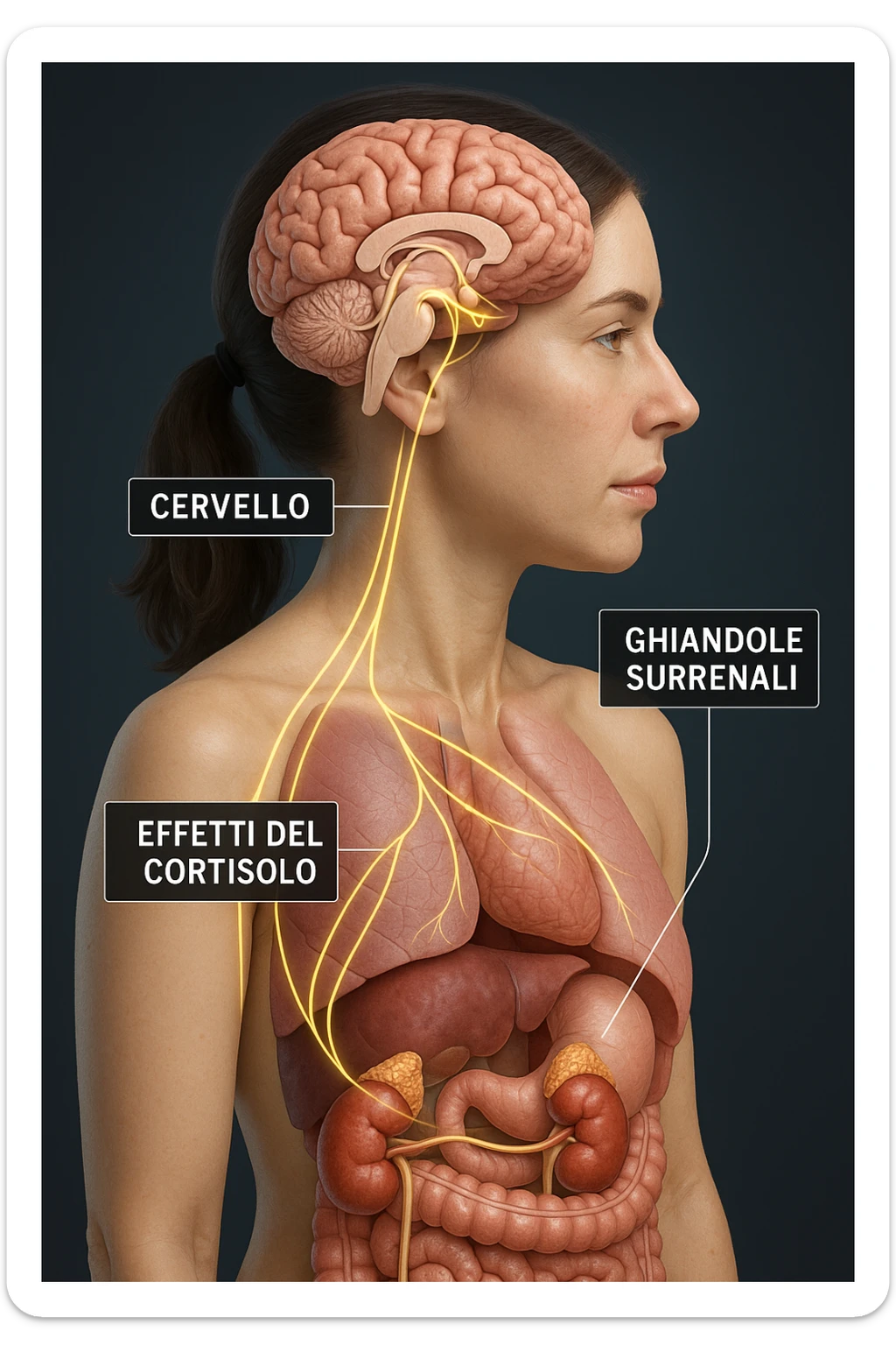 realistic 3D medical image of a woman showing effects of cortisol, brain and adrenal glands emphasized, visible hormonal connections, captions in Italian, aspect ratio 2:3 sticker