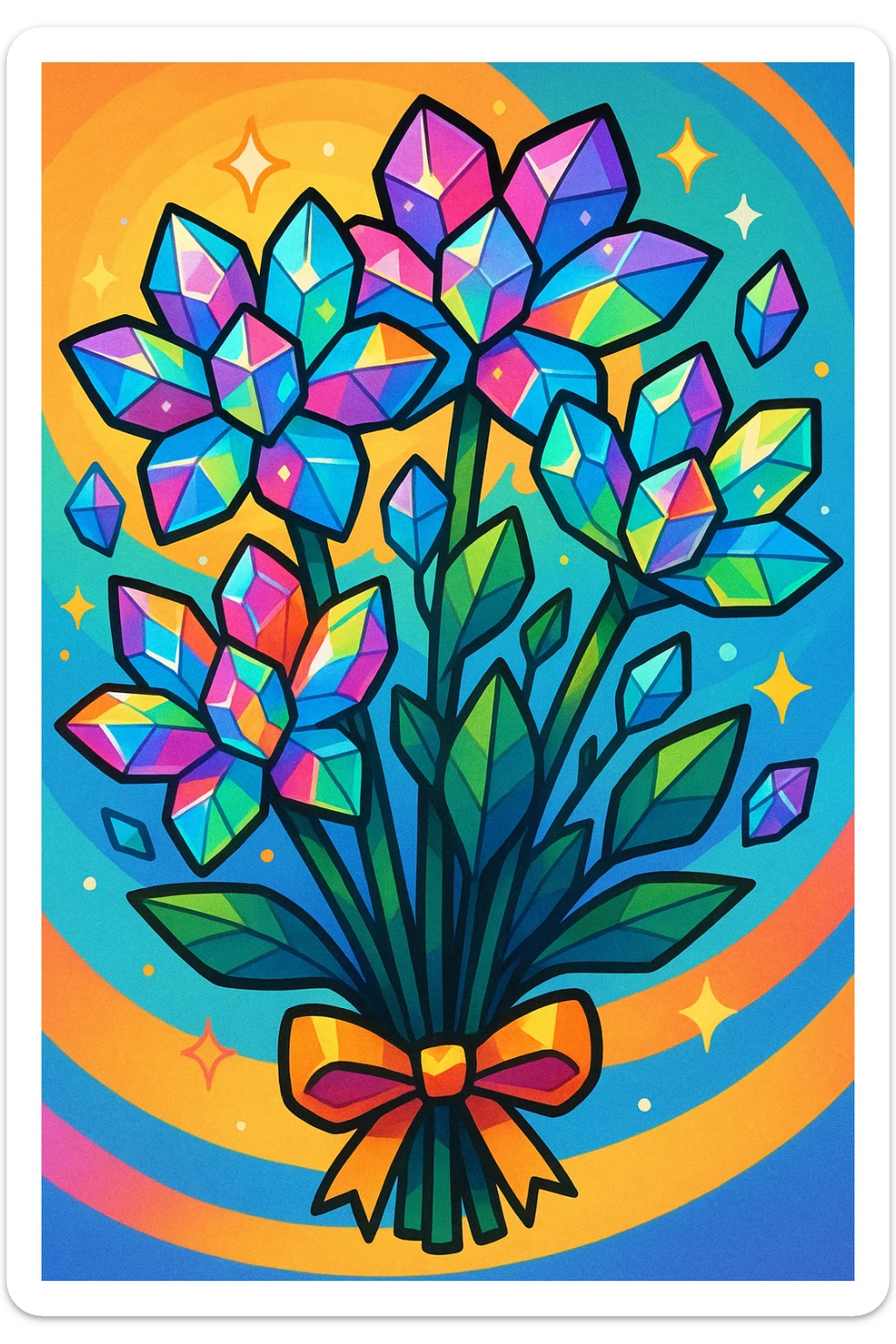 A bouquet of crystal flowers, shimmering with rainbow colors, in a vibrant cartoon style. sticker