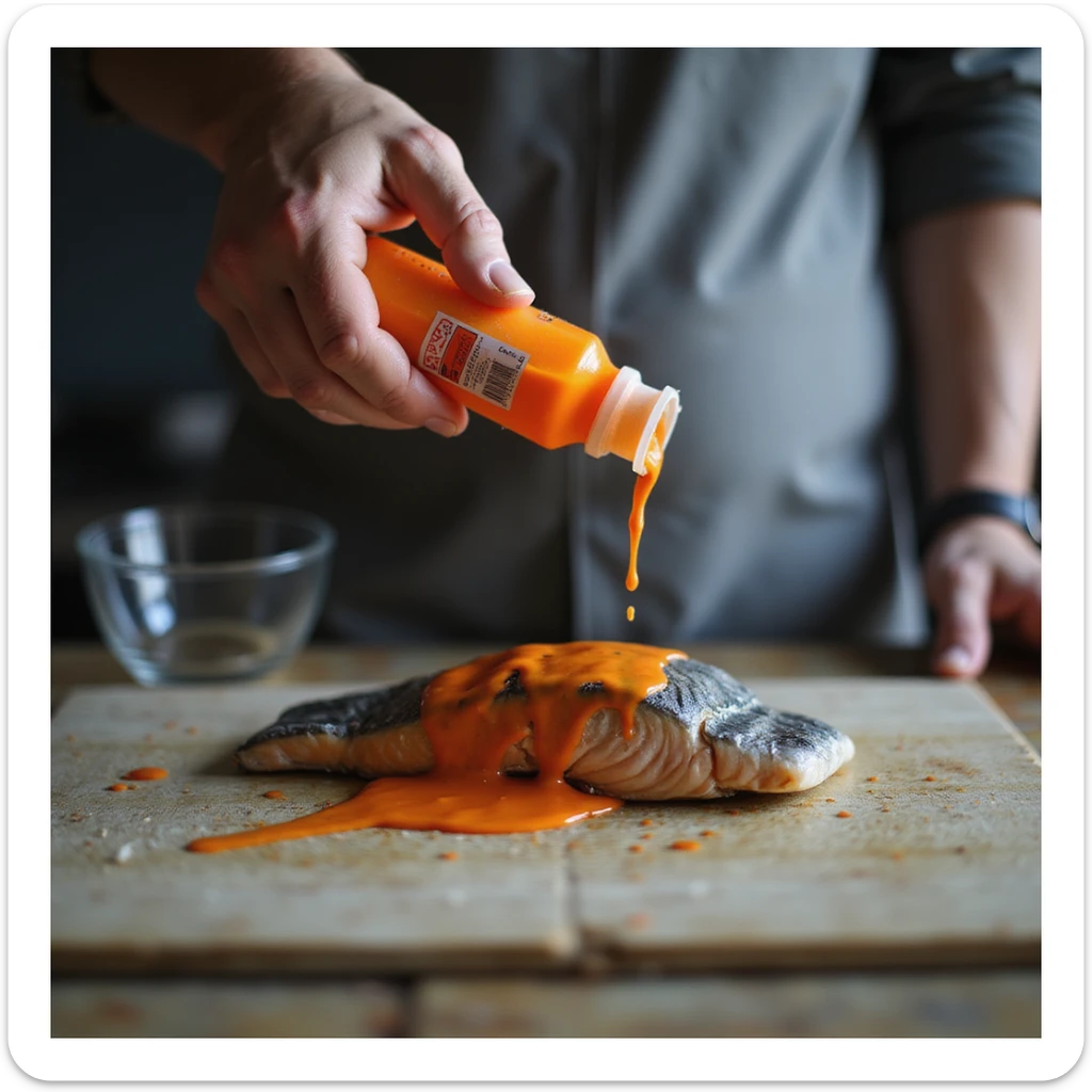 realistic 4K photo of a man holding a bottle of orange dye above a gray salmon fillet, kitchen environment sticker