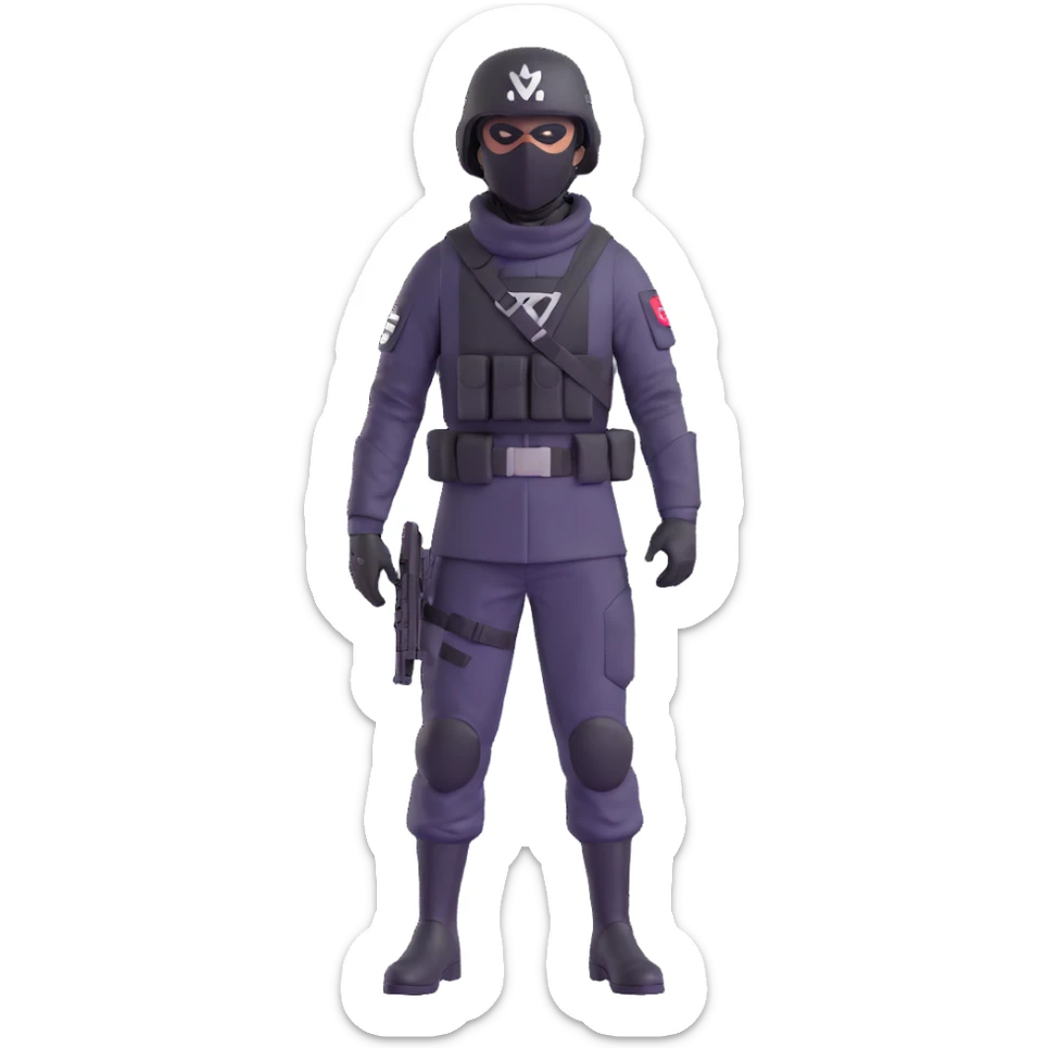 armed figure in all-black military clothing, shiesty mask, and helmet, standing in a ready pose sticker