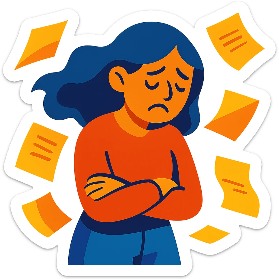 sad woman with flying papers around her, vibrant colors sticker