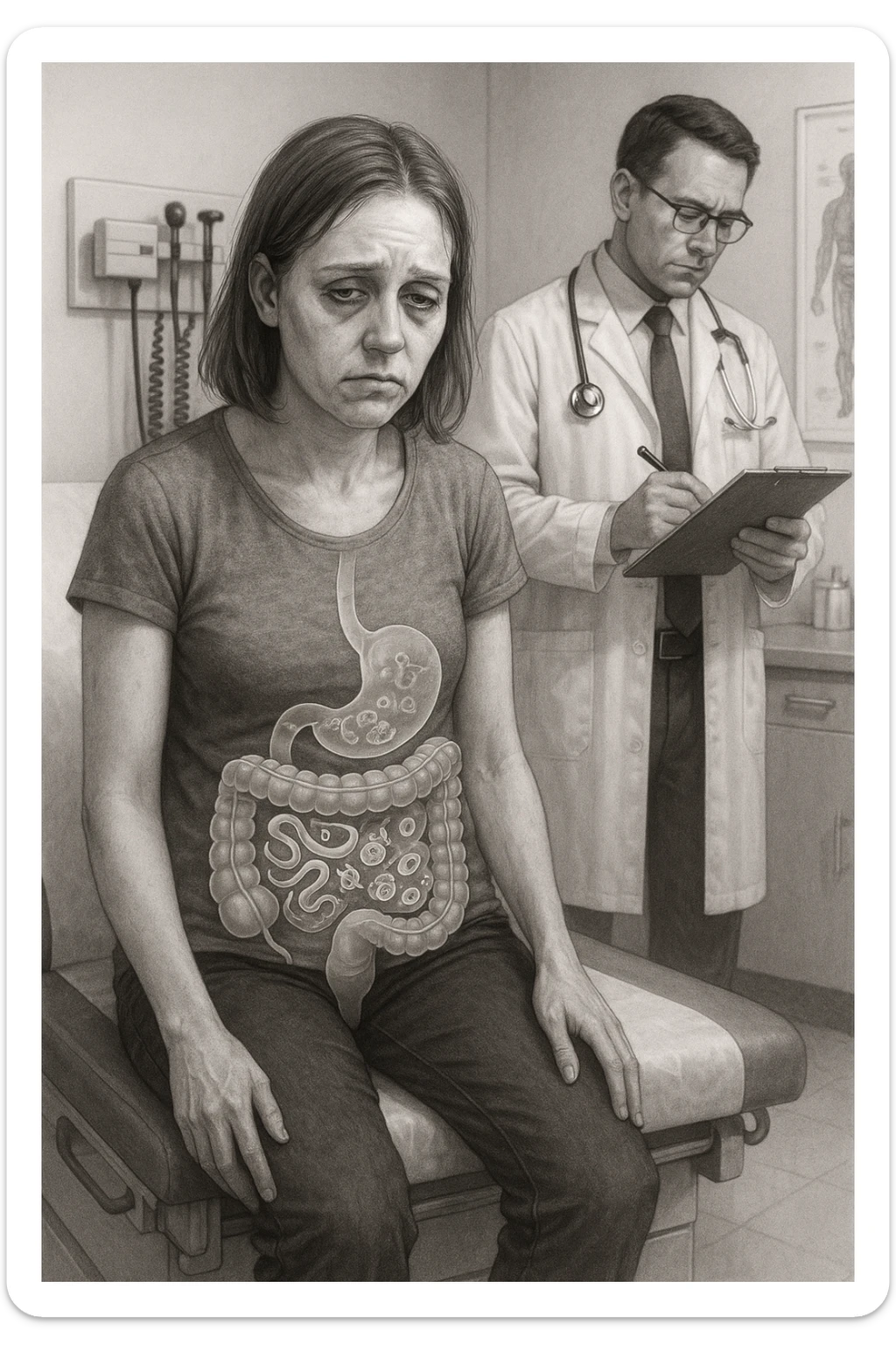 a woman in her 30s sits slumped on a doctor’s examination table, her face pale and eyes sunken with deep fatigue. A transparent overlay on her abdomen reveals stylized images of internal parasites, such as worms or protozoa, inside her digestive tract. The doctor stands nearby, reviewing medical charts. The mood is clinical and educational. sticker