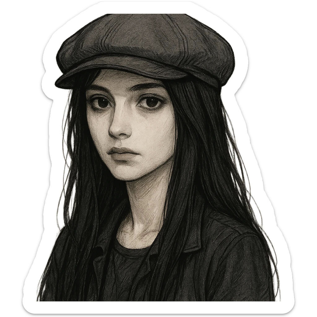 pale girl with long black hair wearing a driving cap, detailed character portrait sticker