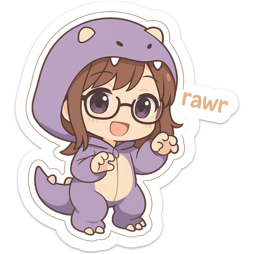 chibi anime style girl with glasses, brown hair, dark purple eyes, wearing a purple dinosaur costume, saying 'rawr' in a cute playful way sticker