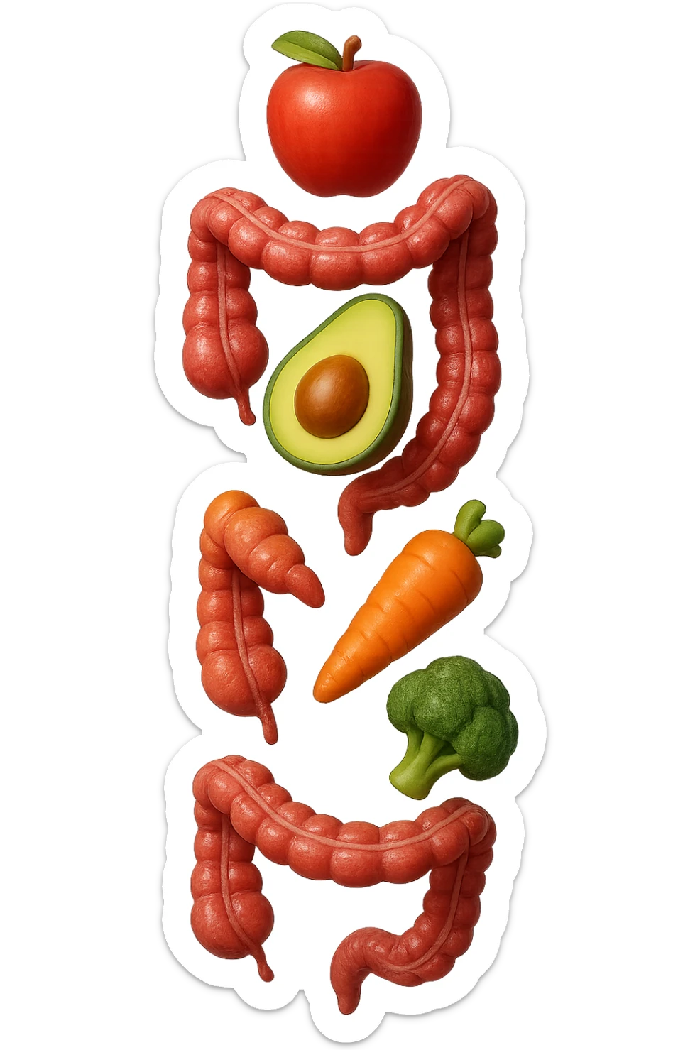 emoji stile iphone in 3d di cibo sano che fluttua in aria vericalmente insieme a pezzi di colon umano anatomico, iperrealistico 4k sticker