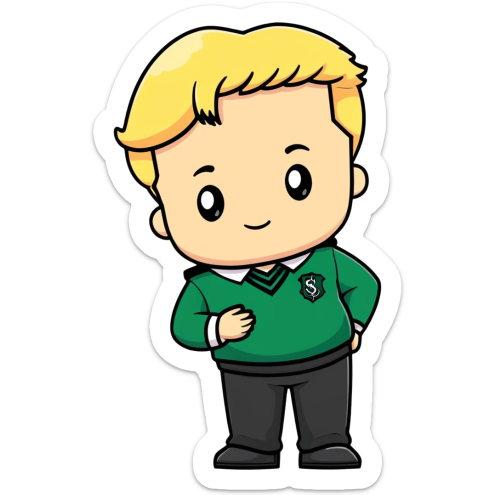 pregnant male in Slytherin uniform, blonde hair, pale skin, cartoon style sticker