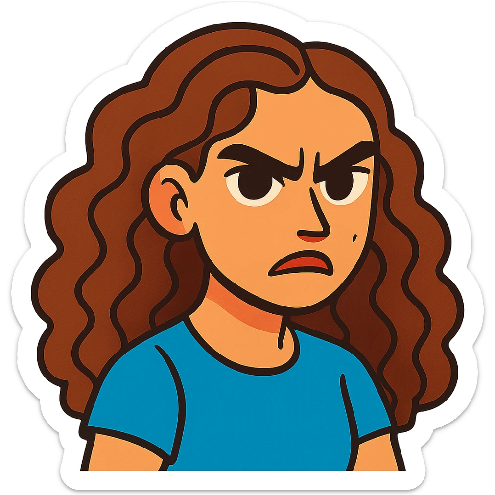 vibrant illustration of a girl with long curly brown hair (not too dark), intense dark brown eyes, clear skin (neither pale nor tan), mole on right cheek, angry expression sticker
