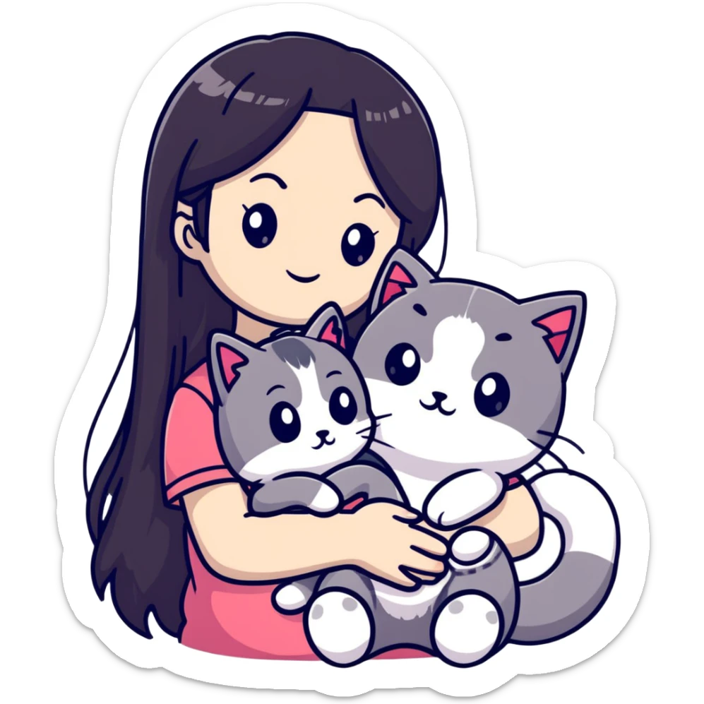 Girl with straight black long hair hugging a colorpoint ragdoll plush toy and a tricolor long-haired cat sticker