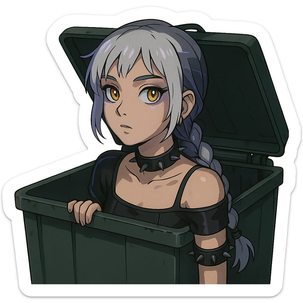 she is poking out from a garbage dumpster, a closeup portrait of young woman with gold yellow eyes, white hair, long braid, black off-shoulder top d-cup, punk gothic style, futuristic cyberwave cyberpunk, sticker