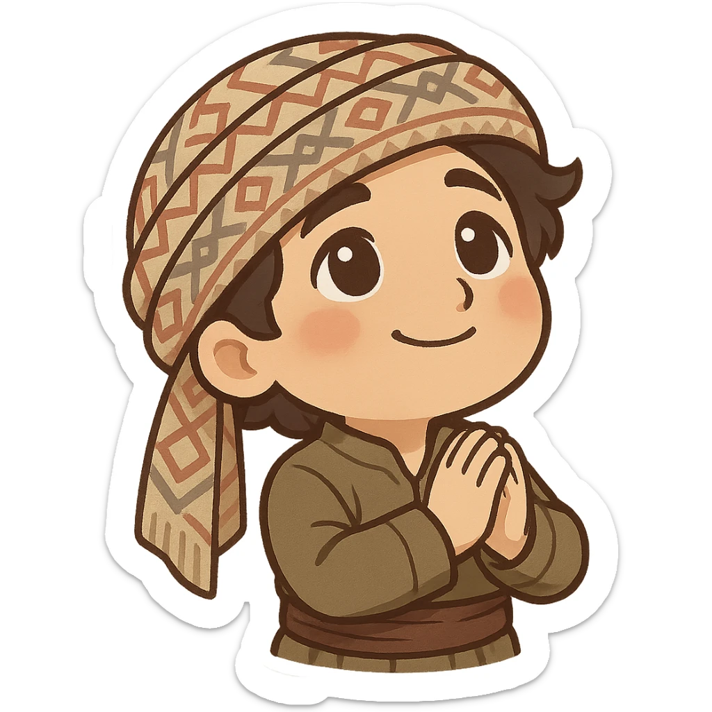 Kurdish sticker, hopeful mood, cartoon style, Kurdish person in jamadani, looking up with a gentle smile, hands together, no text sticker