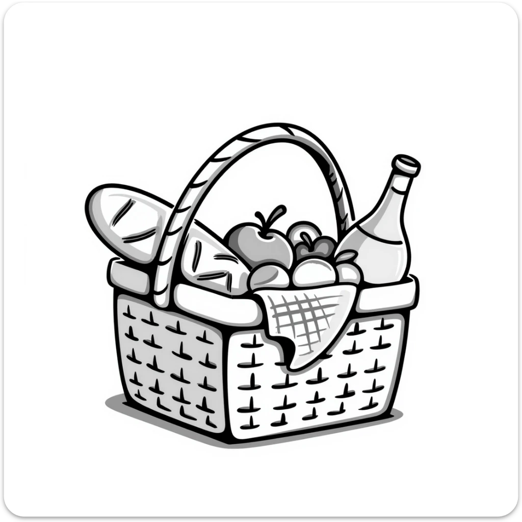 A wicker picnic basket with handle and contents like food items in pastel colors (dd9fb0, ffc6d3, a3bfc9, c4bee2, f1b091), hand-drawn doodle style sticker