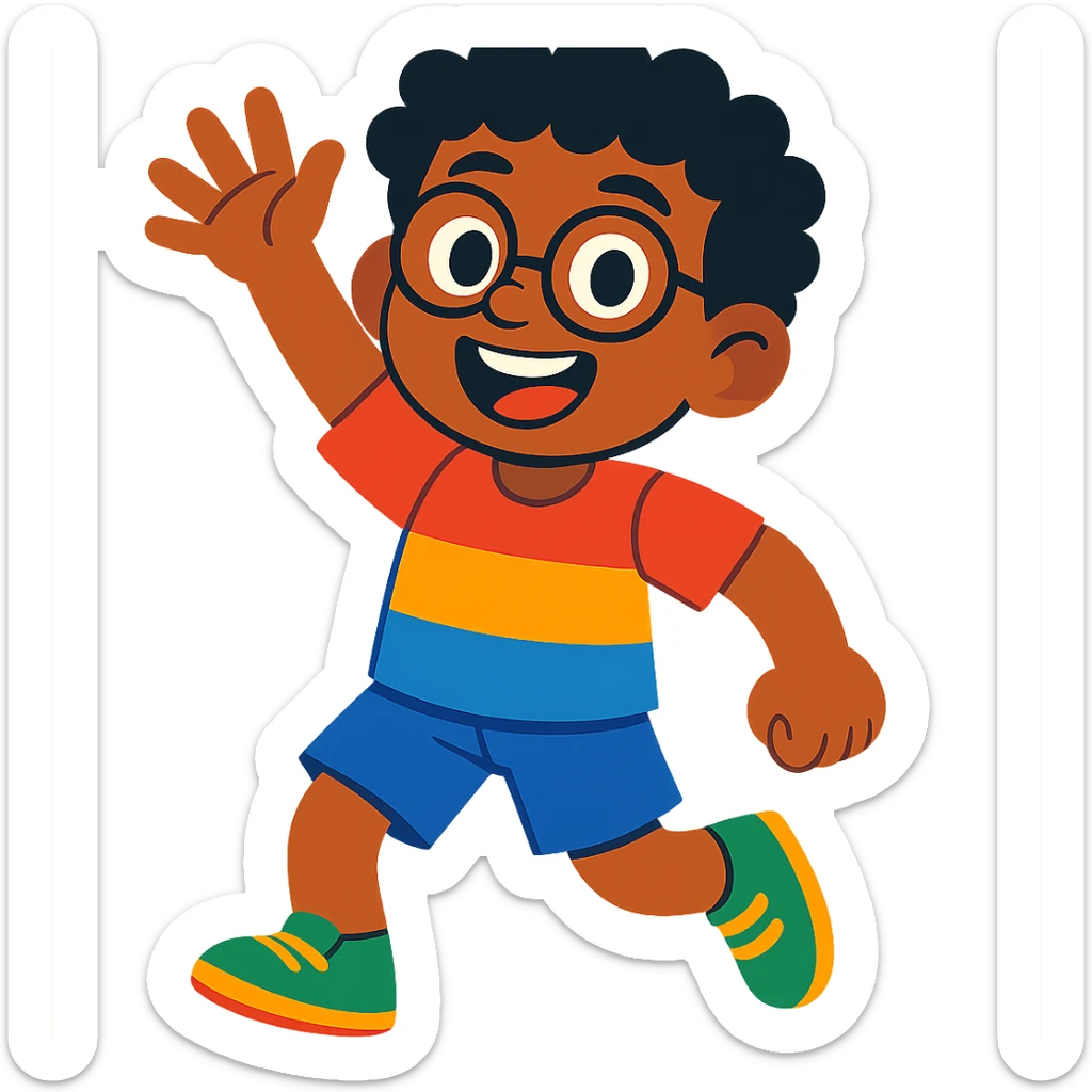 11 year old mixed-race boy with glasses and curly hair, colorful cartoon style, joyful expression sticker