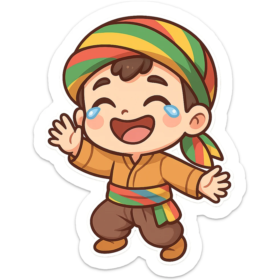 Cartoon sticker of a Kurdish child wearing traditional Kurdish child clothing, colorful and cheerful, face with a big smile and tears of joy, no text, suitable for WhatsApp and Instagram, transparent background. sticker