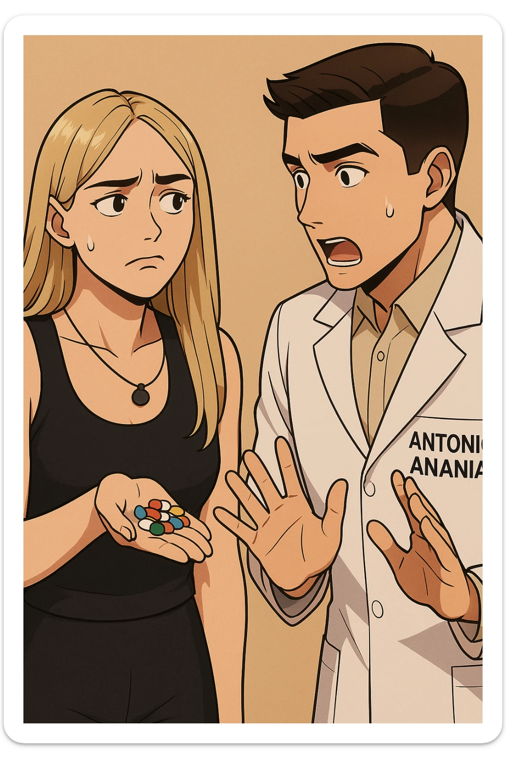 fai un webtoon/manga a colori con questo kinesiologo in camice bianco (fagli la scritta "ANTONIO ANANIA" SUL CAMICE) CHE PARLA CON QUESTA RAGAZZA. LA RAGAZZA HA UN PUGNO DI INTEGRATORI IN MANO (TANTE PILLOLE DIVERSE) E LE GUARDA DUBBIOSA. IL KINESIOLOGO CON IL CAMICE BIANCO LE DOMANDA UNA COSA SCIOCCATO. NON FARE I FUMETTI, FAI SOLO LORO COME SE DIALOGASSERO sticker
