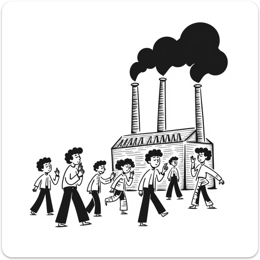 A factory with chimneys pumping out smoke and pollution with people coughing and choking sticker