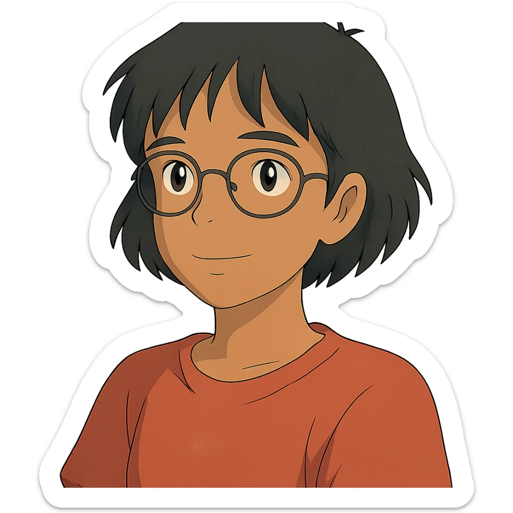 ghibli style Asian girl with tan skin, short black hair, and glasses sticker