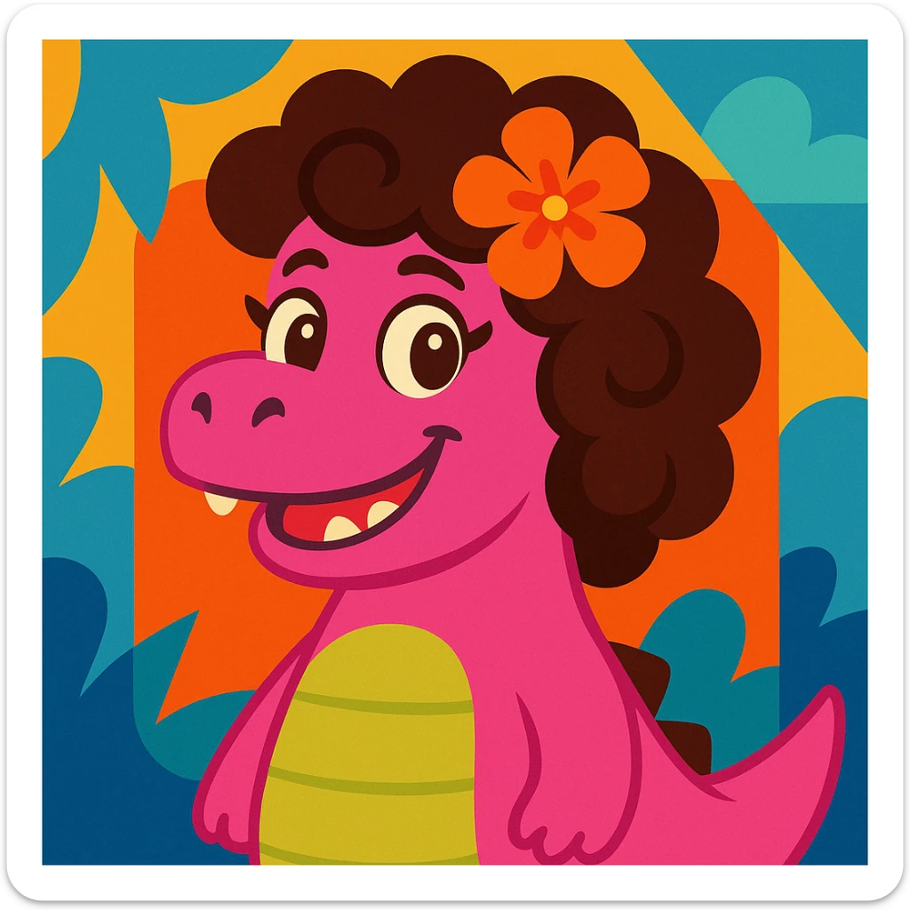 pink dinosaur with brown curly hair, a Hawaiian flower in her hair, and brown eyes, vibrant illustration style sticker