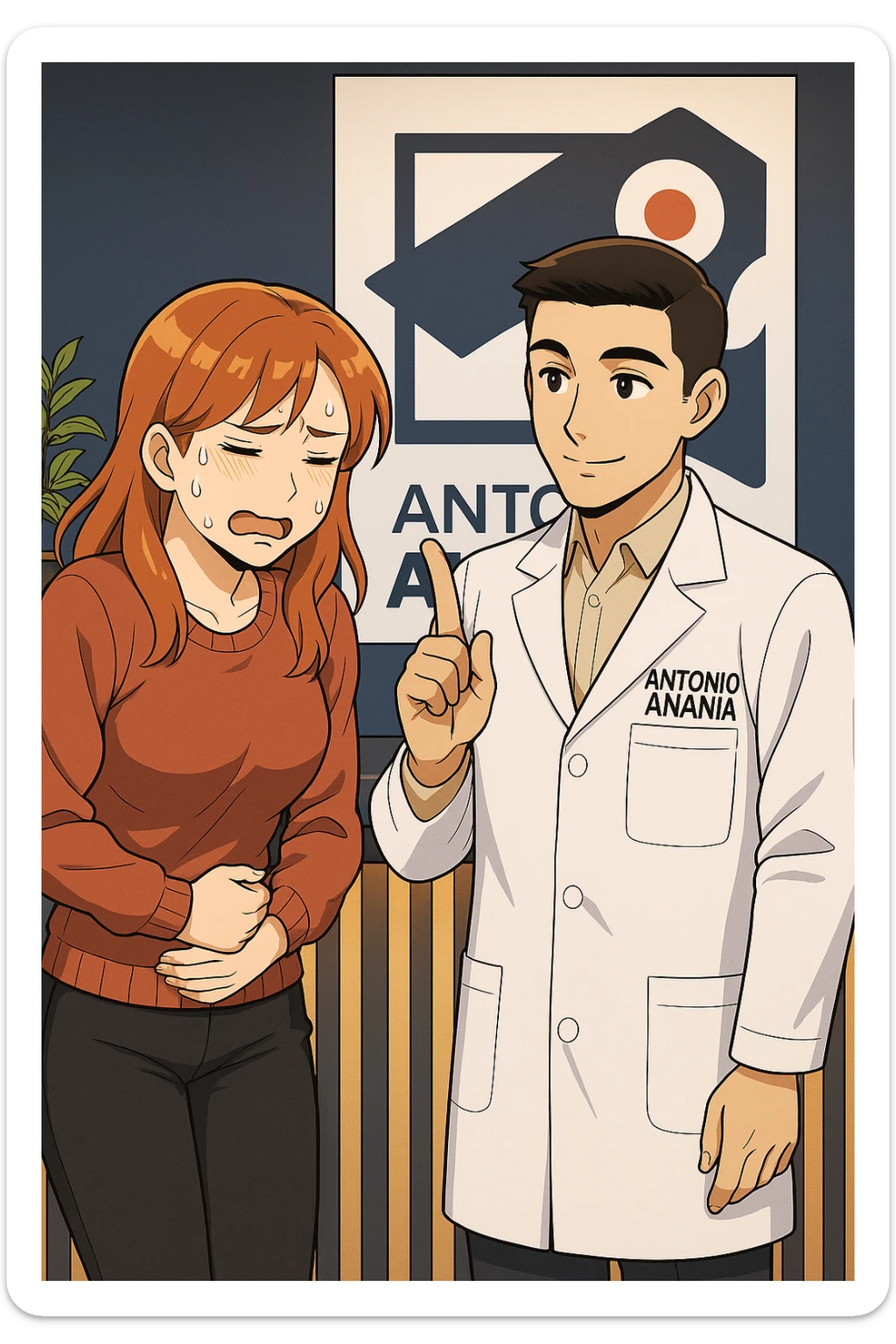 su questo stile fai un manga/webtoon a colori in cui una donna PREOCCUPATA FA UNA DOMANDA ALL'UOMO, l'uomo della foto in stile manga LE DICE DI "NO" CON IL DITO, mantieni un ambiente simile alla foto che ho allegato con il suo logo (sarebbe il suo studio, lui è un kinesiologo), scrivigli "ANTONIO ANANIA" sul camice bianco, non mettere fumetti, ma fai in modo che sembri che la donna CHIEDA ALLARMATA E L'UOMO LA TRANQUILLIZZI sticker