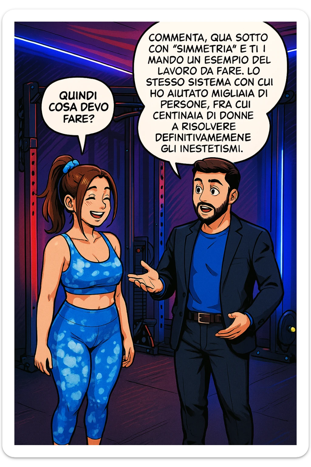 TRASFORMA QUESTO CAROSELLO IN UN FUMETTO STILE WEBTOON/MANGA A COLORI CON QUESTE DUE PERSONE IDENTICHE CHE INTERLOQUISCONO TRA LORO, LA DONNA SEMBRA SOLLEVATA/SODDISFATTA E CONTENTA:

LEI (DONNA): Quindi cosa devo fare?
LUI (UOMO): Commenta, qua sotto, con “simmetria” e ti mando un esempio del lavoro da fare. Lo stesso sistema con cui ho aiutato migliaia di persone, fra cui centinaia di donne a risolvere definitivamente gli inestetismi. sticker