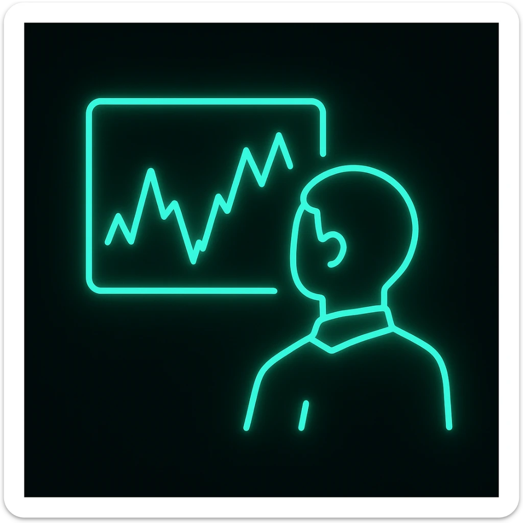 minimalist neon icon of a trader watching a volatile stock chart, color #0BD794, glowing lines sticker