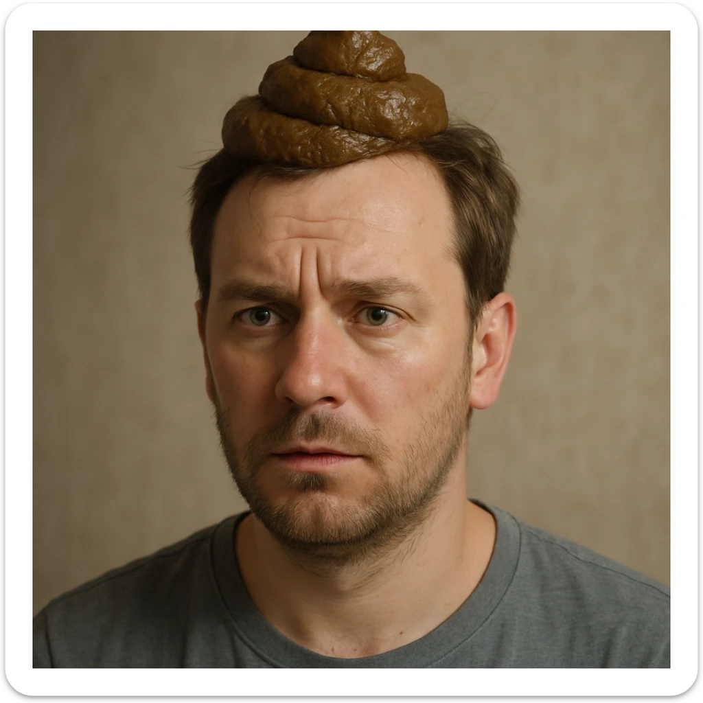 realistic illustration of a man with poop on his head, detailed facial features, natural lighting, no cartoon elements sticker