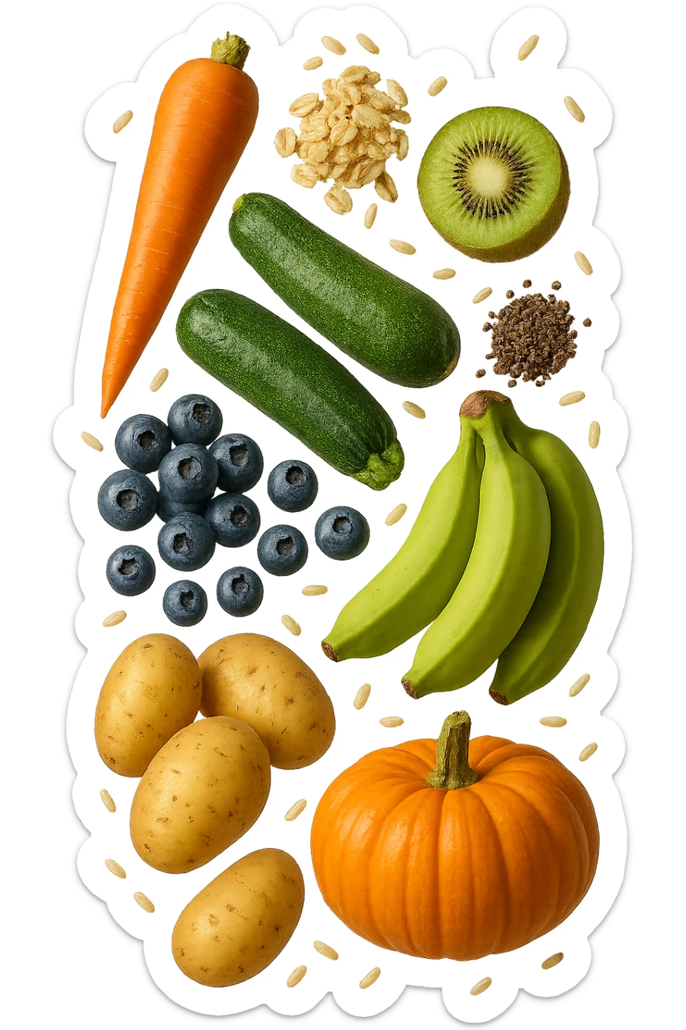 carota, fiocchi di avena, zucchine, kiwi, mirtilli, semi di chia, patate, banane acerbe, zucca, riso fluttuano in aria verticalmente, iperrealistici 4k sticker