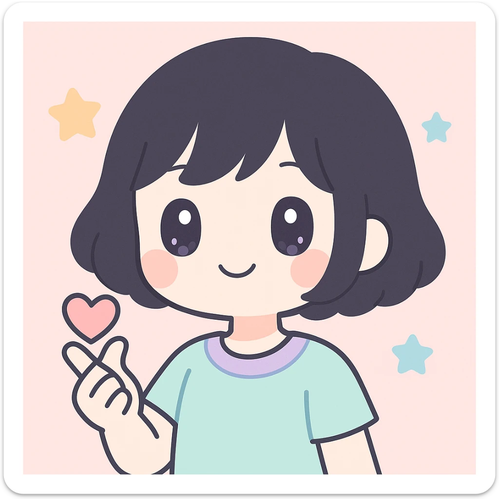chica de cabello negro, corto y ondulado, haciendo un corazón con la mano, estilo anime kawaii sticker
