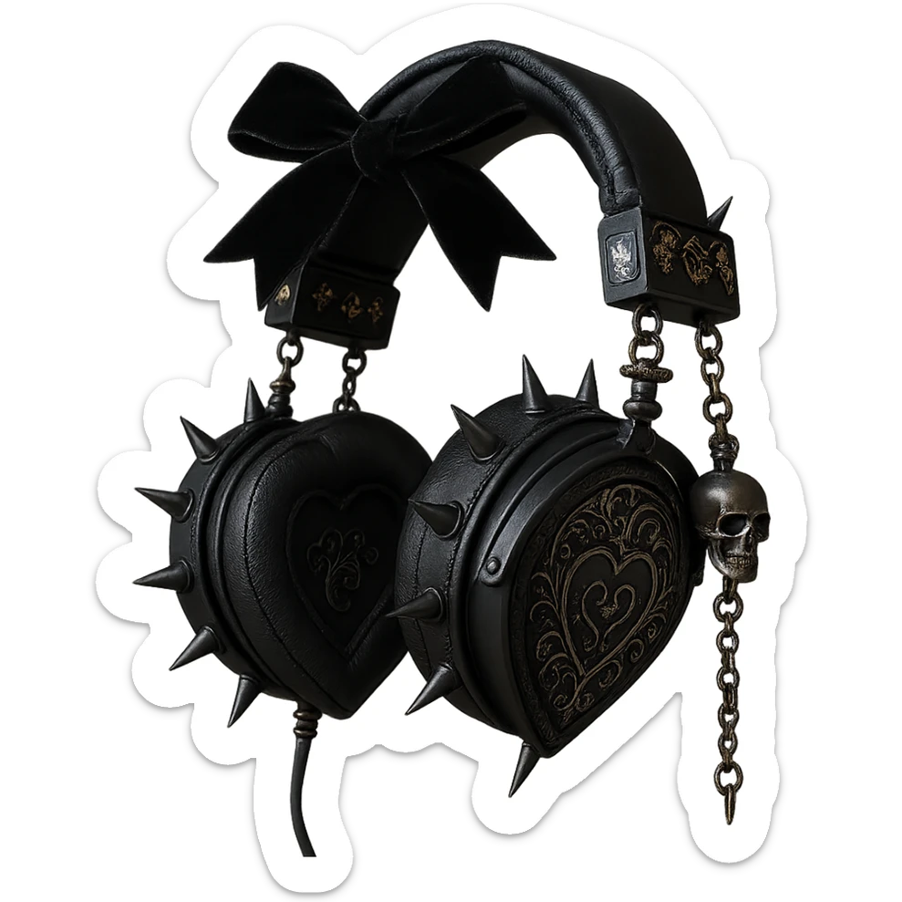Add spiked hoops, a dangling skull charm, and a velvet ribbon to the realistic black gothic headphones with heart-shaped ear cups, metallic chains, and gothic engravings. Keep the background transparent. Maintain the realistic black gothic style with metallic and velvet textures. sticker