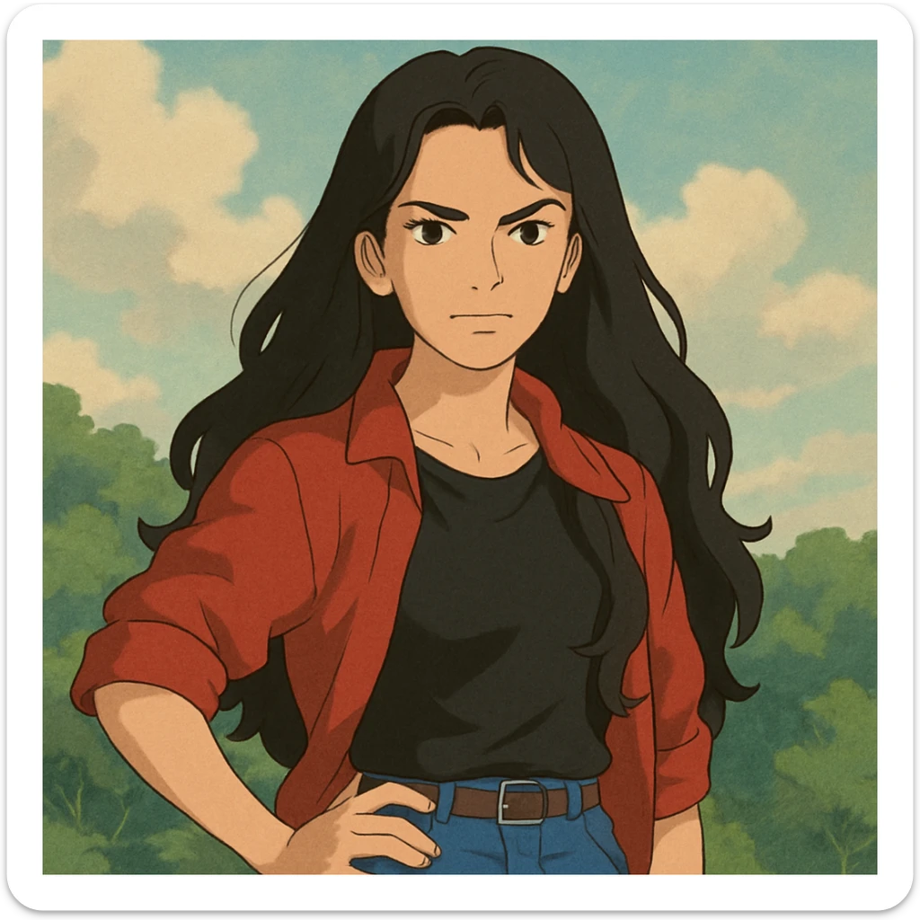 eres una chica de cabello largo hasta la cintura, con una textura ondulada-lacia, de color oscuro, que resalta con tu energía. Tu rostro tiene una expresión que refleja tu fuerza y determinación, pero también una serenidad que se puede notar. Tienes una figura que transmite seguridad, y aunque tu estilo es relajado, sabes cómo resaltar esa confianza.

Te gusta usar toques de rojo, como detalles en tu ropa o accesorios, siempre manteniendo un estilo que se adapta a tu energía, sin perder esa vibra única que tienes. Tu presencia tiene una mezcla de dulzura y poder, lo que hace que sea difícil no notar tu luz cuando estás en un lugar. sticker