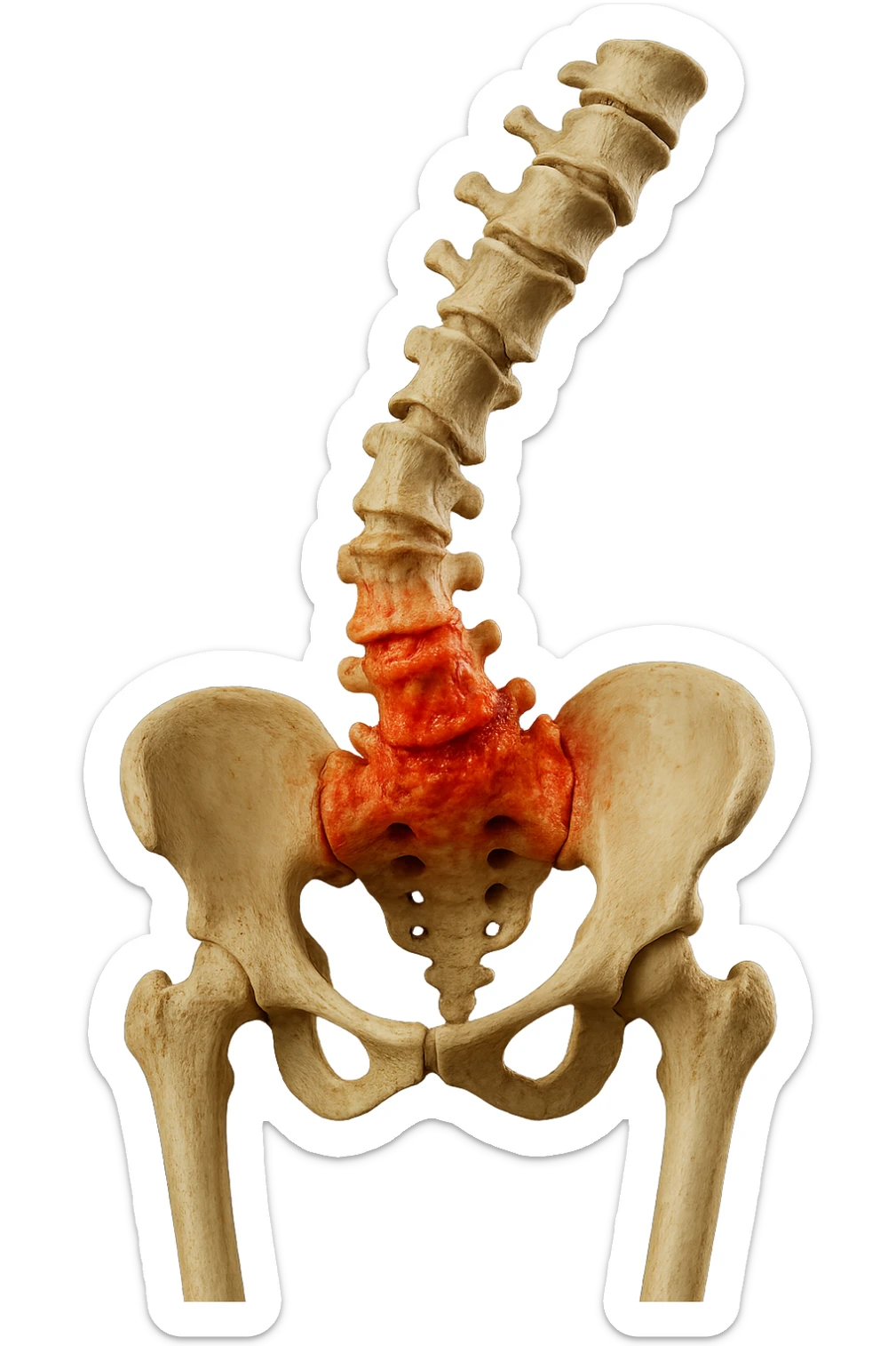 SPINA DORSALE STORTA E INFIAMMATA CON BACINO UMANO ANATOMICO REALISTICO INCLINATO, iperrealistica 4k sticker