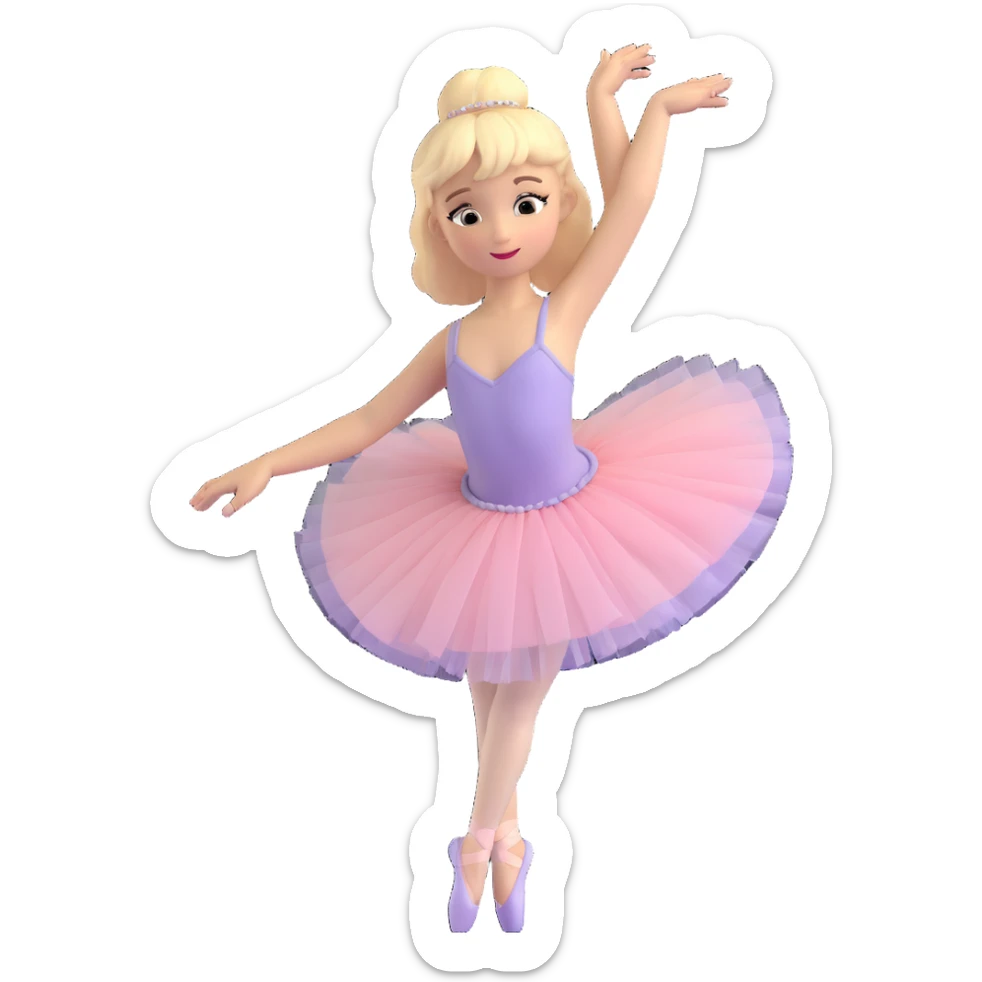 ballerina with blonde hair and white skin, elegant pose, detailed tutu, graceful expression, 3D style sticker