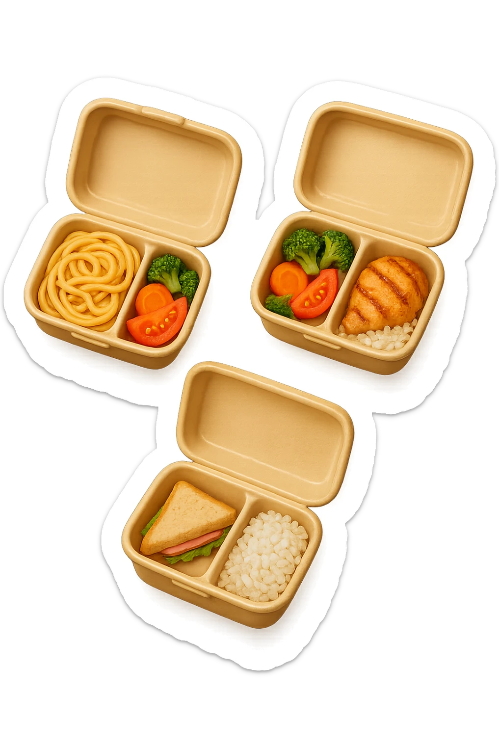 EMOJI STILE IPHONE DI UN 3 schiscette con poco cibo dentro, fluttuano in aria REALISTICA 4K sticker