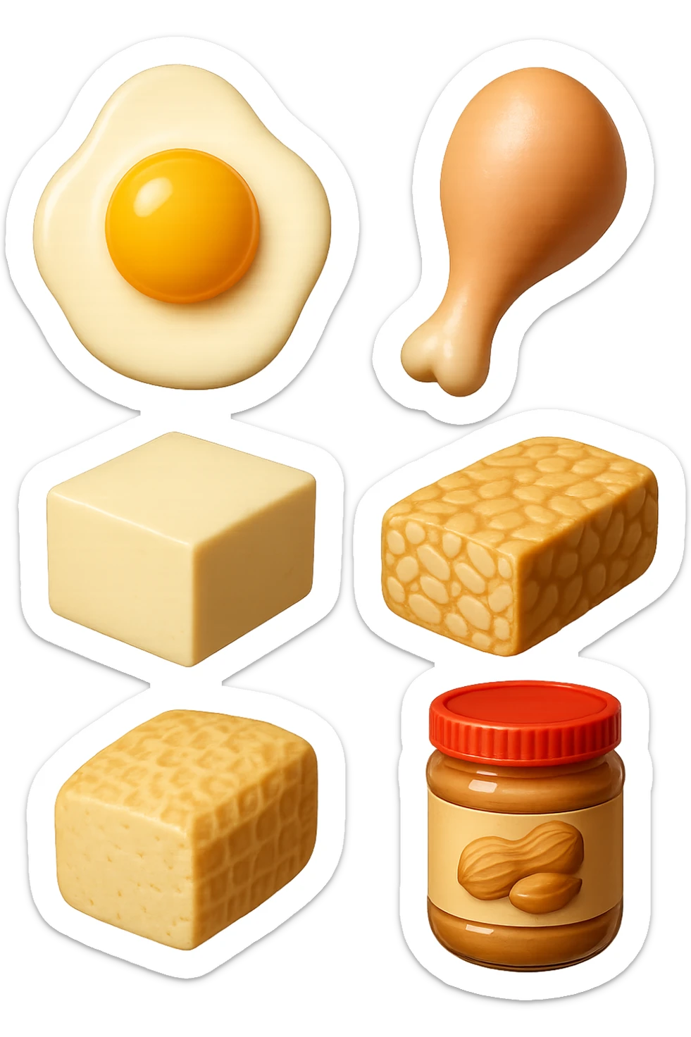 EMOJI STILE IPHONE DI
 uova, pollo, tofu, tempeh, burro di arachidi
, fluttuano in aria REALISTICA 4K sticker