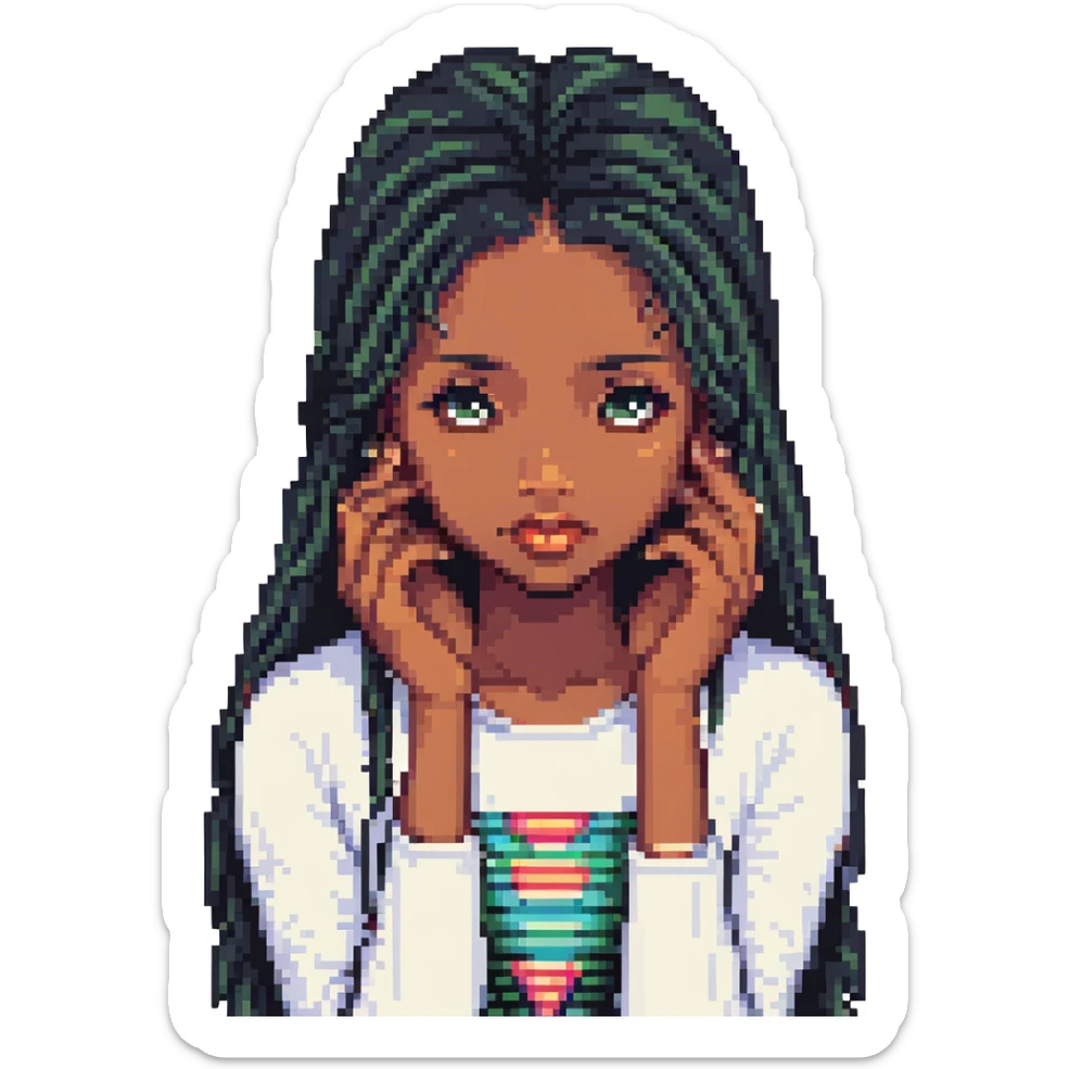 black girl with long straight hair and long false lashes, facepalming, pixel art style sticker
