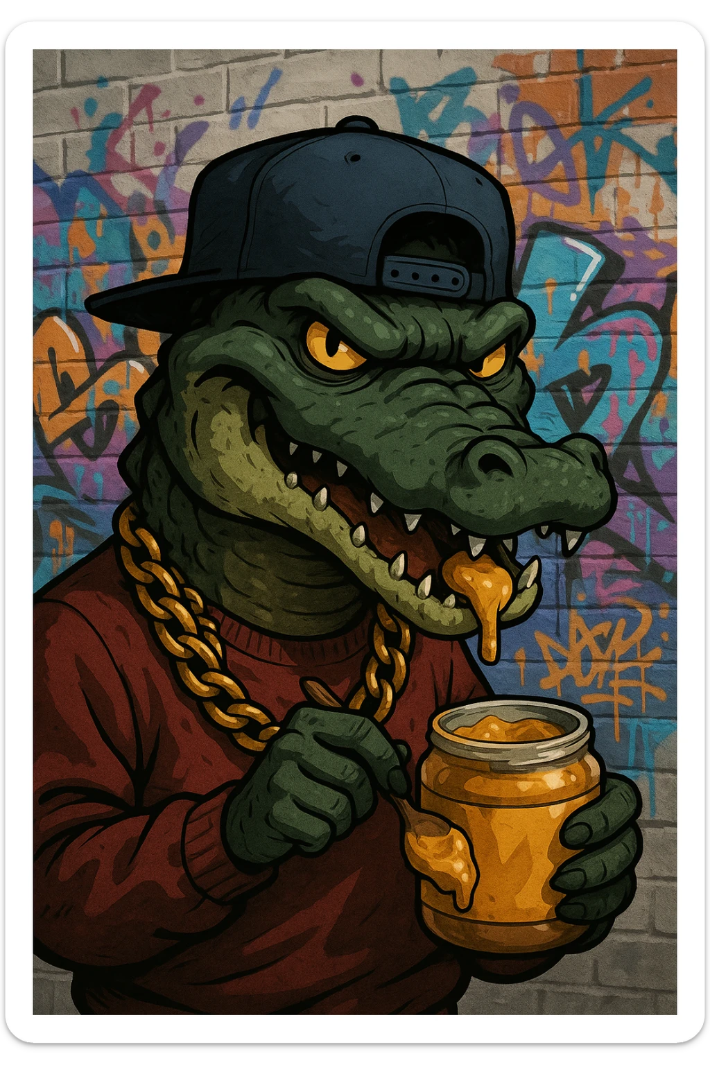 gangster alligator eating peanut butter, urban street style, gold chain, cool attitude sticker
