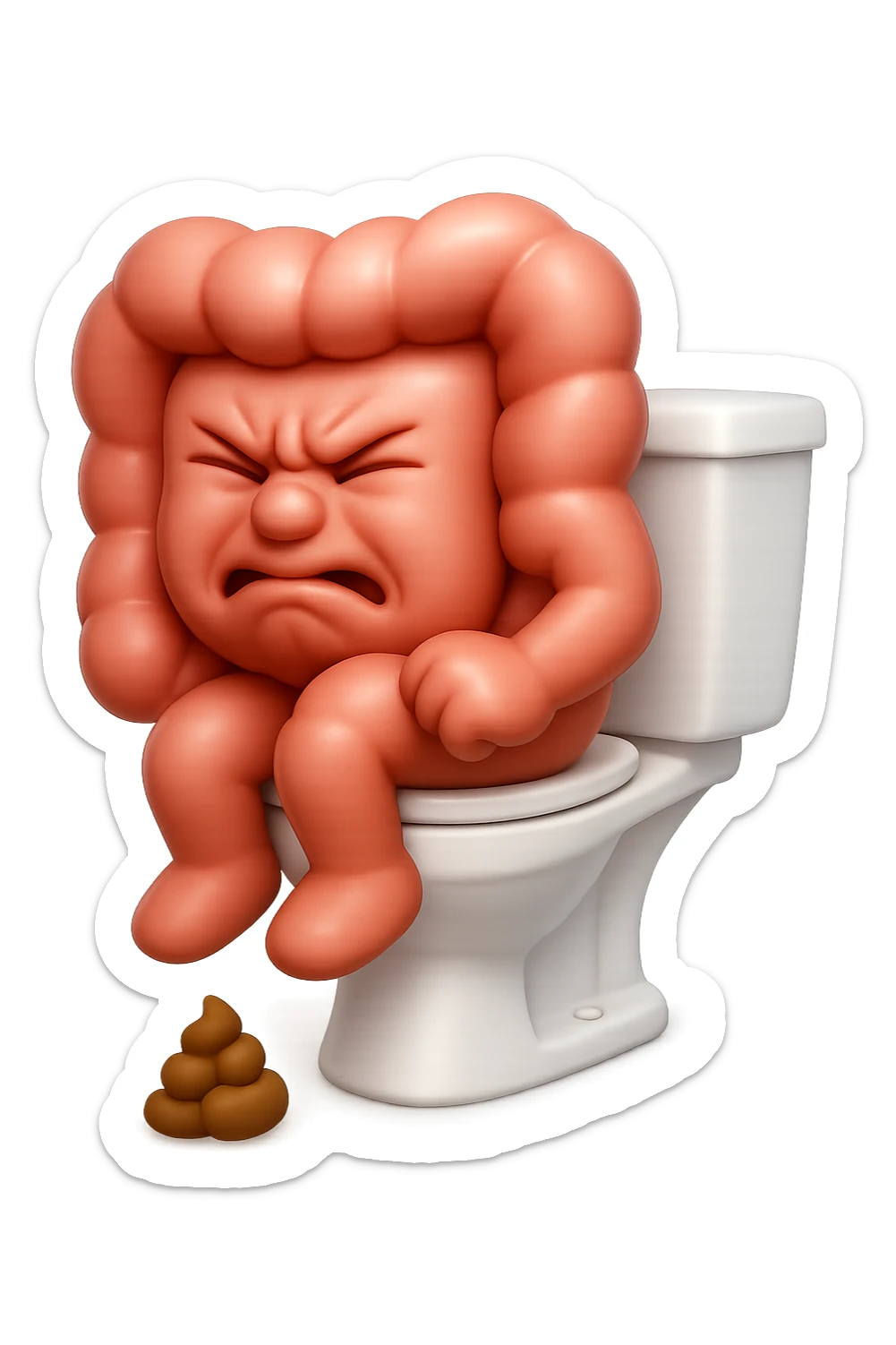 EMOJI STILE IPHONE 3D DI UN INTESTINO CHE sta seduto sul wc e davanti ha una montagnetta di feci a palline stile emoji iphone, fallo senza naso e FAGLI UN ESPRESSIONE di dolore mentre si sforza E FALLO MOLTO REALISTICO IN 3D sticker