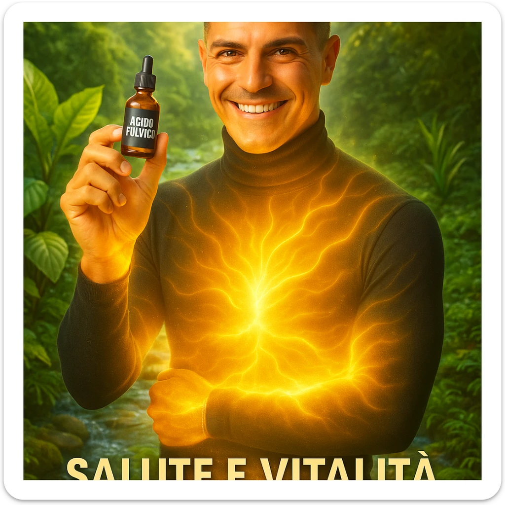 Uomo con il viso del riferimento, tiene una boccetta 'acido fulvico', energia luminosa su addome e pelle, ambiente naturale, elementi di benessere come piante e acqua, atmosfera rigenerante, testo in italiano. sticker
