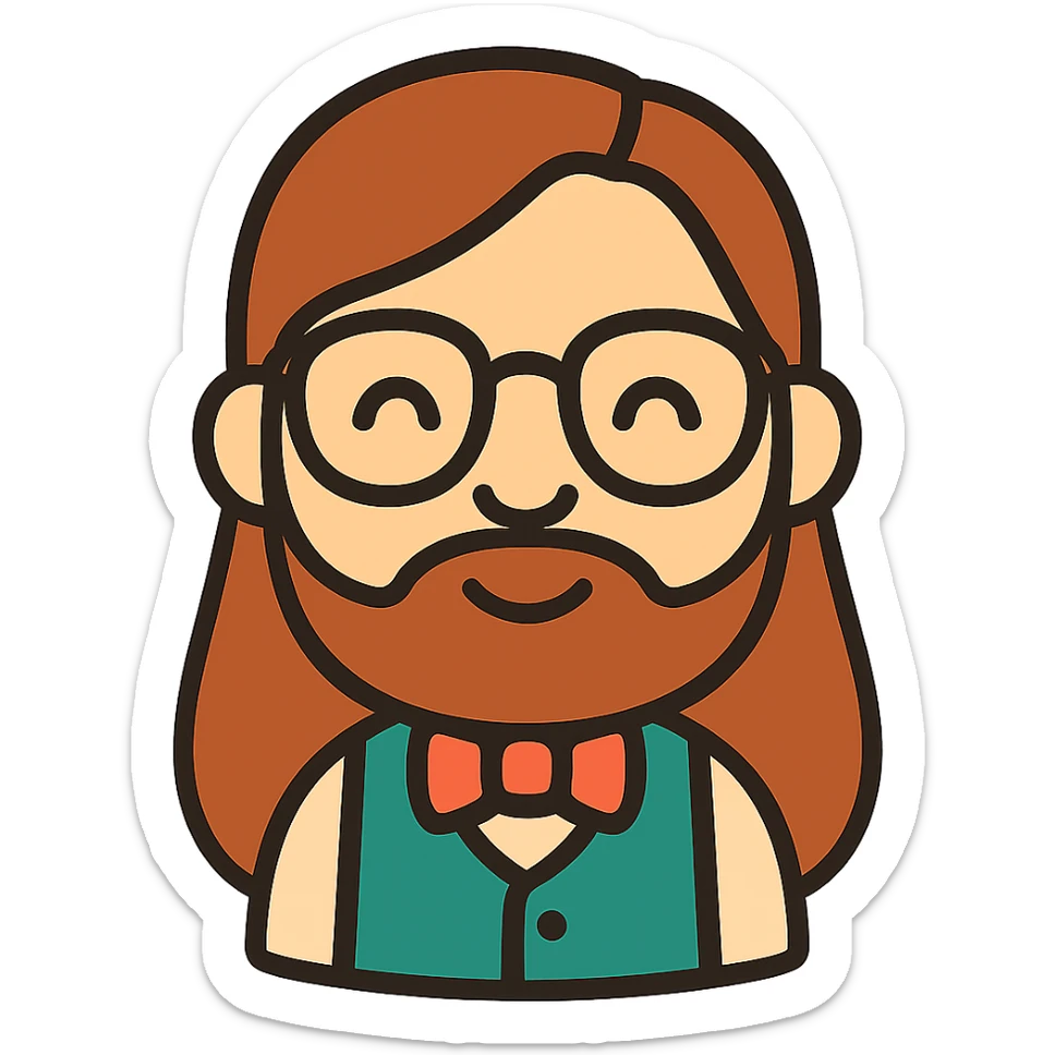 Add long hair and a beard to the nerd character, keeping the original style and transparent background. sticker