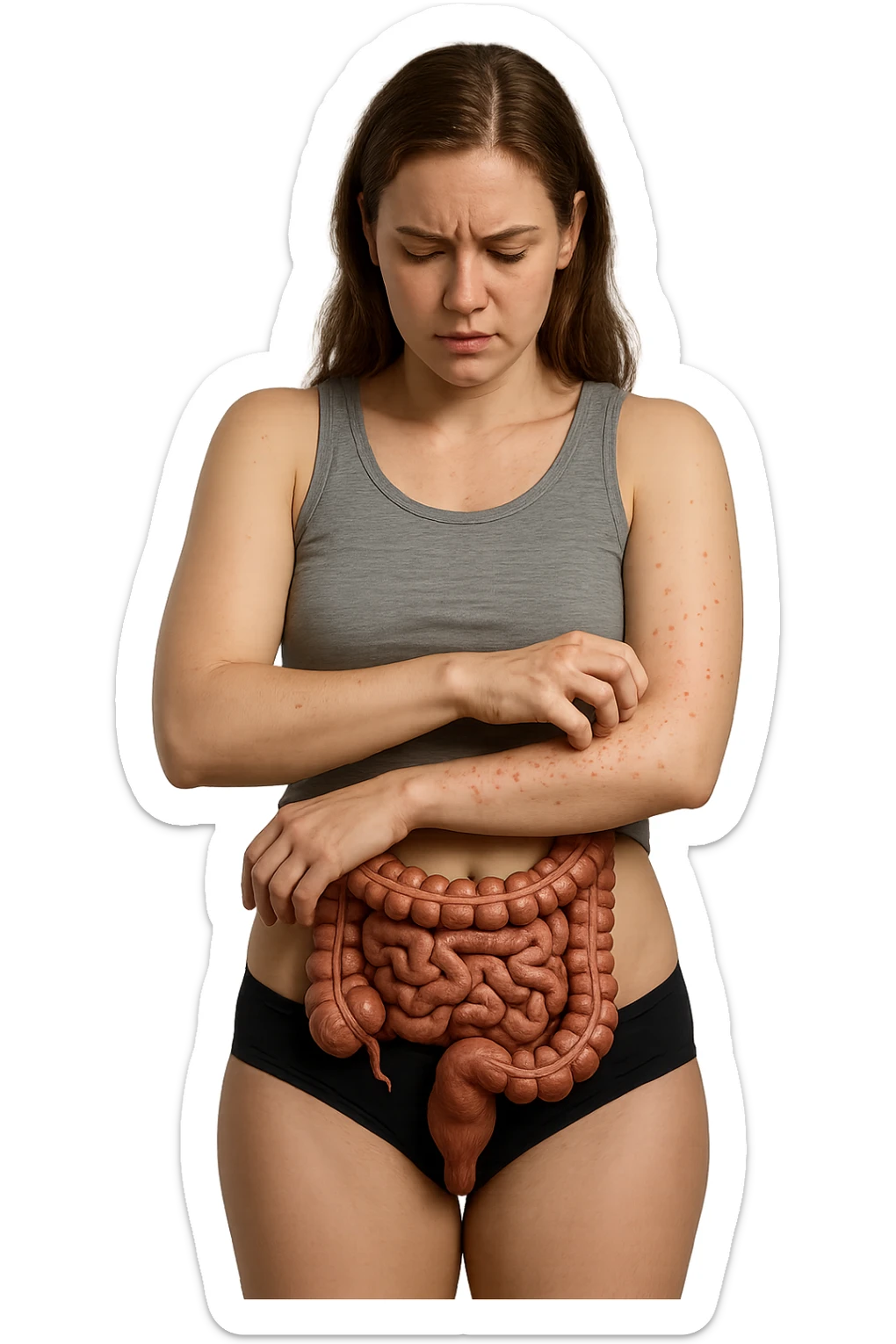 DONNA REALISTICA CON INTESTINO UMANO ANATOMICO REALISTICO CHE SI GRATTA IL BRACCIO SU CUI HA DELLE PUSTOLE ROSSE DI ALLERGIA, FIGURA INTERA, IPERREALISTICA 4K sticker