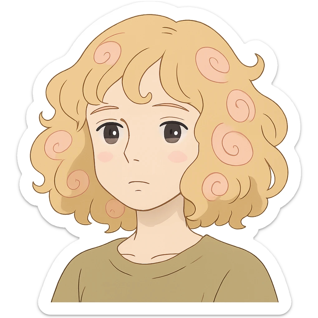 pale girl with curly medium-length blonde hair and baby pink swirls sticker
