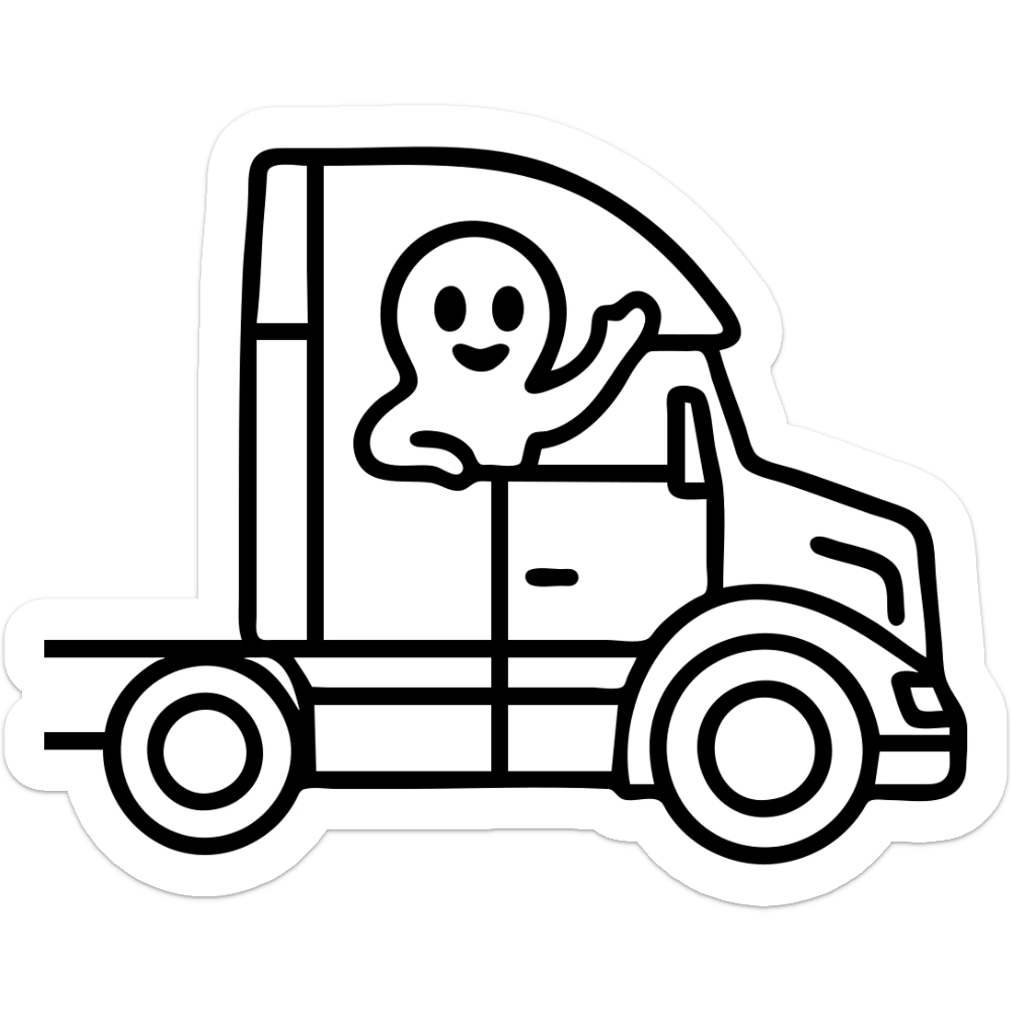 Keep the background transparent, Casper the ghost waving from the window of the white semi truck in outlined icon style. sticker