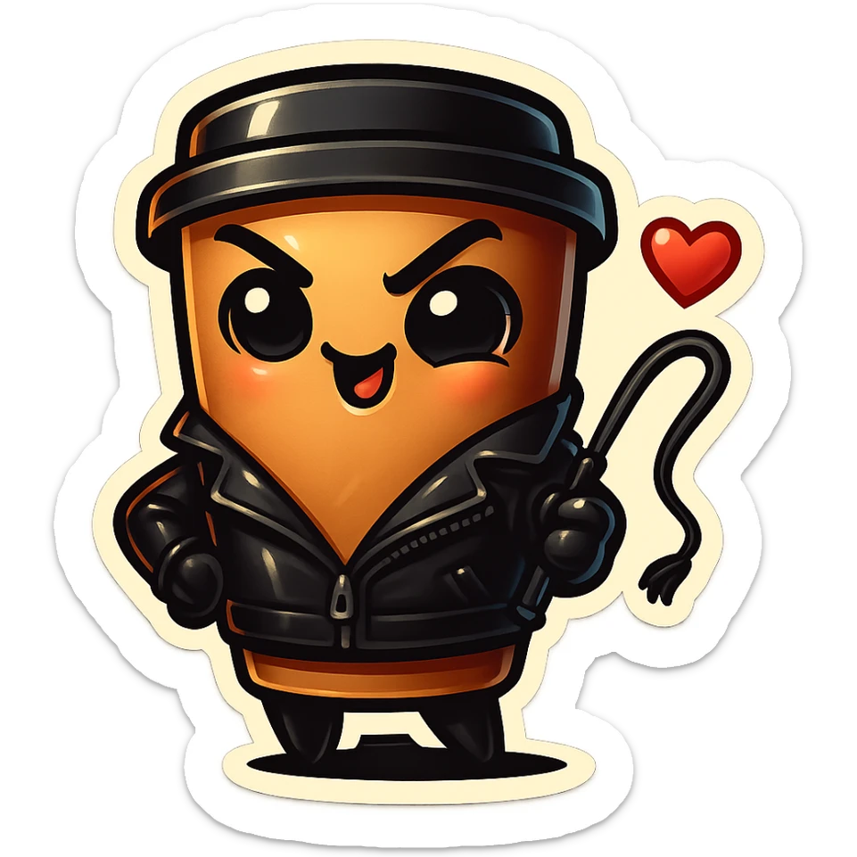 Tall coffee cup, dressed in leather holding a whipping crop, mischevious, heart sticker
